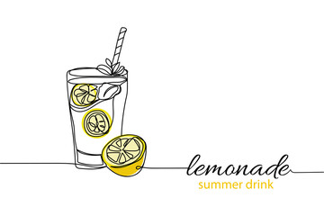 Continuous one line of refreshing summer drink lemonade in silhouette on a white background. Linear stylized.Minimalist. - obrazy, fototapety, plakaty