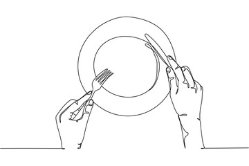 Continuous one line of restaurant and food theme the human hands in silhouette on a white background. Linear stylized.Minimalist.