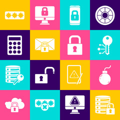 Set Server security with lock, Bomb ready to explode, Cryptocurrency key, Mobile closed padlock, Mail message password, Password protection, and Lock icon. Vector