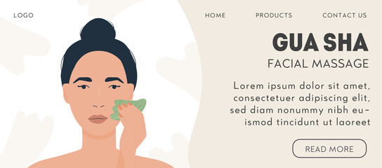 Fototapeta premium Web banner template for gua sha facial massage. Woman massaging and scraping her skin. Natural green jade guasha stone scraper. Face lifting trendy beauty treatment. Vector illustration in flat style.