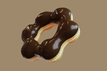 Closeup Doughnut topping with Chocolate sweet isolated floating on brown background. Minimal Food Idea concept 3D Rendering.