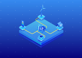 Smart home powered by renewable green energy concept as isometric 3D vector illustration. Solar panel, wind turbine to generate energy for a green house.