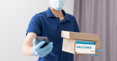 delivery medical box of vaccines from courier man receive package from professional delivery Coronavirus, Covid 19 virus, vaccine - obrazy, fototapety, plakaty