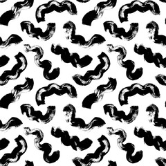 Wavy and swirled brush strokes vector seamless pattern. Black paint freehand scribbles, abstract ink background. Brushstrokes, smears, lines, squiggle pattern. Abstract wallpaper design, textile print