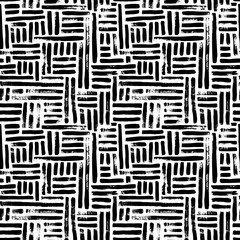 Abstract geometric pattern with black interrupted dotted lines on white background. Vertical and horizontal parallel lines. Vector seamless pattern with black brush strokes. Hand drawn ornament.