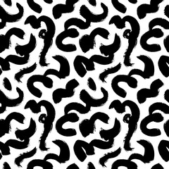 Hand drawn wavy and swirled brush strokes seamless pattern. Vector black paint squiggles, swooshes line, freehand scribbles. Abstract wrapping paper, textile monochrome design. Grunge style pattern