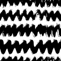 Wavy grunge horizontal lines vector seamless pattern. Curly brush strokes, swirls, bold lines. Black paint hand drawn background. Geometric ornament for wrapping paper. Dry brushstrokes pattern.