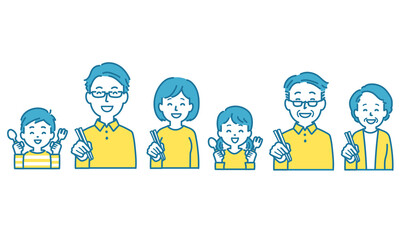 三世代家族　食事シーンイラスト　正面バストアップ　セット