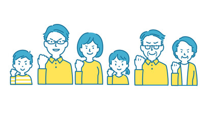 三世代家族　ガッツポーズのイラスト　正面バストアップ　セット