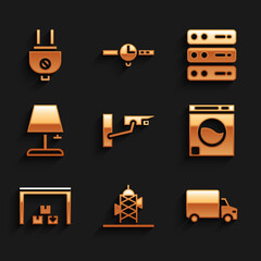 Set Security camera, Antenna, Delivery cargo truck, Washer, Warehouse, Table lamp, Server, Data, Web Hosting and Electric plug icon. Vector