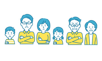 三世代家族　不満顔イラスト　正面バストアップ　セット