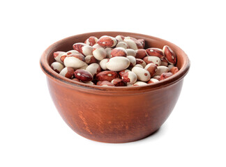 Bowl with raw beans on white background