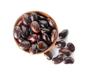 Bowl with raw beans on white background