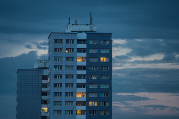 High-rise residential building at the Ostbahnhof in Berlin Kreuzberg  by night