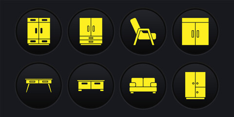 Set Office desk, Wardrobe, Chest of drawers, Sofa, Armchair, and icon. Vector
