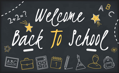 Fototapeta na wymiar Welcome back to school banner on blackboard with school icons and stars
