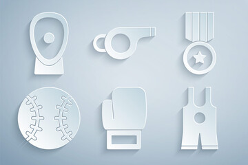 Set Boxing glove, Medal, Baseball ball, Wrestling singlet, Whistle and training paws icon. Vector