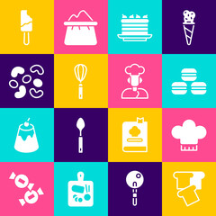 Set Bread toast, Chef hat, Macaron cookie, Cake, Kitchen whisk, Jelly candy, Ice cream and Cook icon. Vector