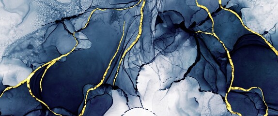 Dark black abstract alcohol ink background with watercolour brush stroke, creative hand painted art, contrast kintsugi gold paths, wallpaper for print