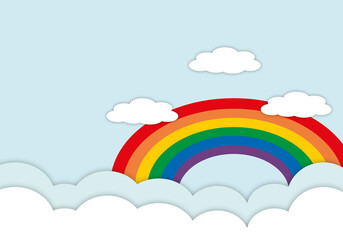 Rainbow with clouds and sky on soft blue background, concept of LGBT pride or LGBTQ people, space for the text, paper cut design style.