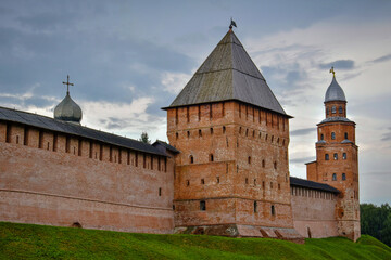 Fototapeta na wymiar Massive brick walls of the Veliky Novgorod Kremlin