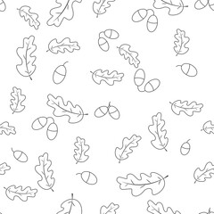 Seamless vector doodle leaves background. Black leaves on white background. Acorns, oak tree pattern. Monochrome doodle leaf print. Fall background, Thanksgiving, Seasonal print, November