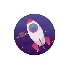 Fantasy space rocket on circle backdrop, flat vector illustration isolated.