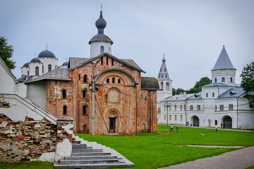 Fototapeta na wymiar Ancient religious complex of Yaroslav Yard in Veliky Novgorod