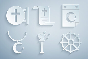 Set Aspergillum, Star and crescent, on chain, Dharma wheel, Decree, paper, parchment, scroll and Christian cross icon. Vector