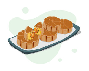 Isolated plate of mooncake filled sweet mung bean paste and salted egg yolk served on light green plate.Close up view macro concept to present details. Asian food vector illustration. 