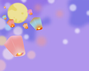 Lantern go up to the sky and full moon night. Sweet pastel purple background. Hand drawing lantern illustration. Night scene. Soft backdrop. Beautiful night background.