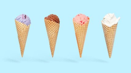 Various ice cream in waffle cone