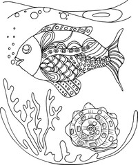 Coloring book underwater world. Drawing with a line.