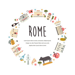 Tourist abstract design with famous destinations and landmarks of Rome.
