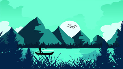 Nature landscape vector illustration, texture, mountains, trees, birds, boat