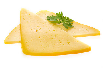 Pieces of semi-hard or hard yellow cheese with holes and parsley leaf isolated on a white background.