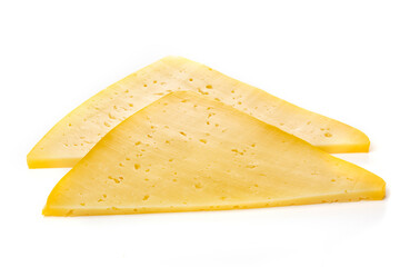 Pieces of semi-hard or hard yellow cheese with holes isolated on a white background.
