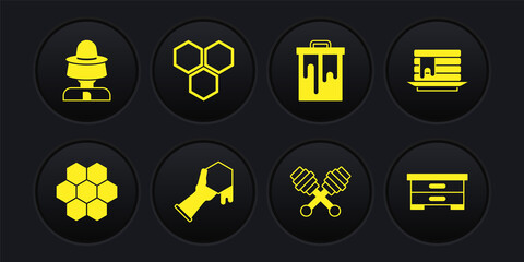 Set Honeycomb, Stack of pancakes, and hand, dipper stick, Hive for bees and Beekeeper with protect hat icon. Vector