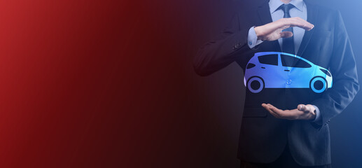 Digital composite of Man holding car icon.Car automobile insurance and car services concept. Businessman with offering gesture and icon of car