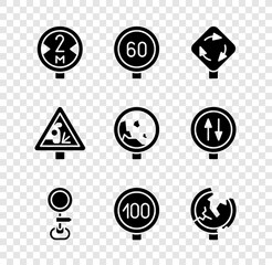 Set Road traffic sign, Speed limit, Roundabout, Warning road and warning rockfall icon. Vector