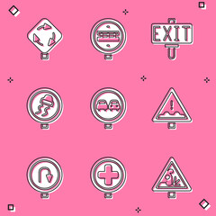 Set Roundabout traffic sign, Railroad crossing, Fire exit, Slippery, No overtaking, Uneven ahead, Turn back and Hospital icon. Vector