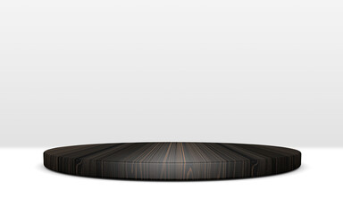 Circle, Rounded Black Wood Podium for product presentation on white Background, 3D illustration, 3D rendering