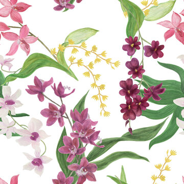 Watercolor painting seamless pattern with orchid flowers