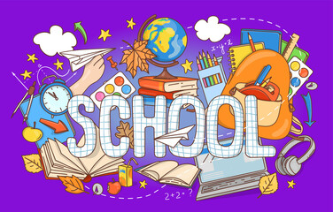 Back to School horizontal banner with doodle stationery and other school subjects. Education Concept. Vector illustration. 