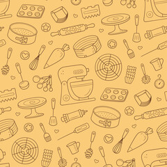 Seamless pattern with tools for making cakes, cookies and pastries. Doodle confectionery tools - stationary dough mixer, baking pans and pastry bag. Hand drawn vector illustration.