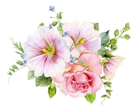 A bouquet of flowers with roses, hollyhocks, leaves and twigs. Watercolor illustration.