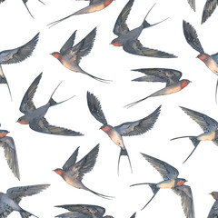 Watercolor flying swallow bird seamless pattern