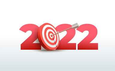2022 New Year realistic target and goals with symbol of 2022 from red archery target, arrows archer and number. Resolution and target for new year 2022 concept. Vector illustration on white background