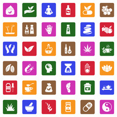 Alternative Medicine Icons. White Flat Design In Square. Vector Illustration.