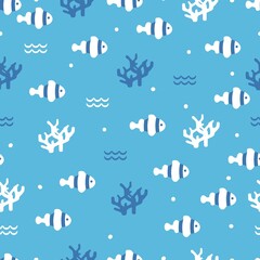 Sea anemone and fish life vector graphic seamless pattern